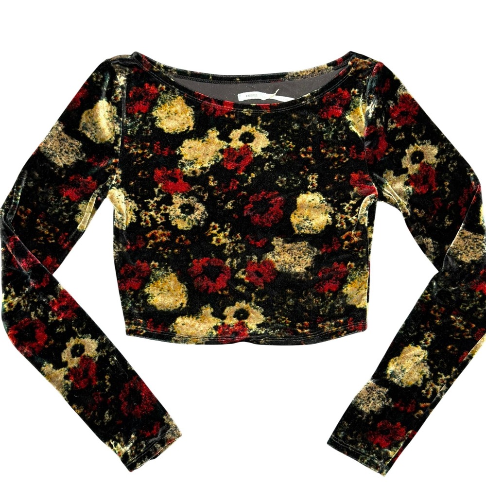 UO Kimchi Blue Whimsigoth Dark Floral Stretch Velvet Boatneck Crop Top M